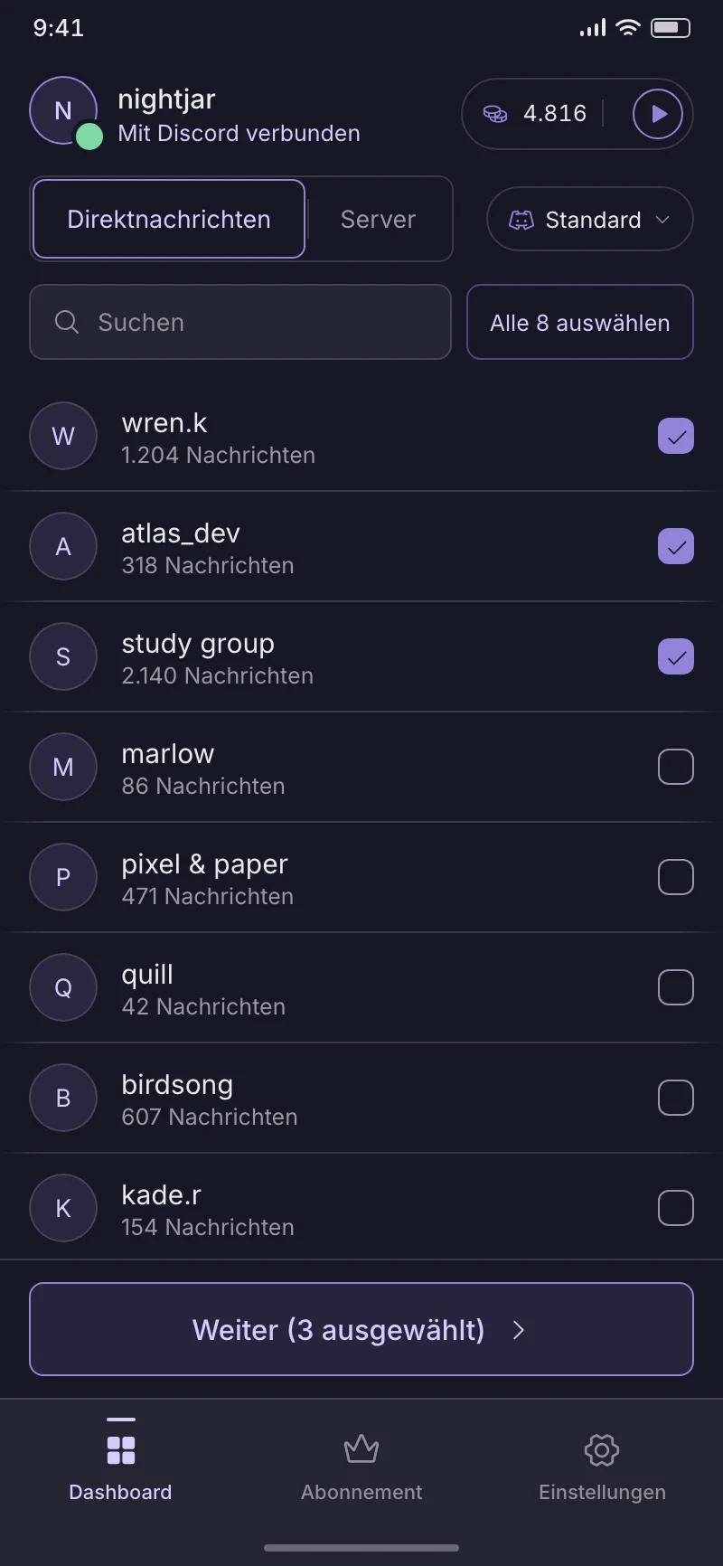 Der Startbildschirm von DisDeleter: deine Discord-DMs und -Server als Liste, jede Zeile per Tipp ausgewählt, darüber der Löschmodus und unten die Zahl der Auswahl.