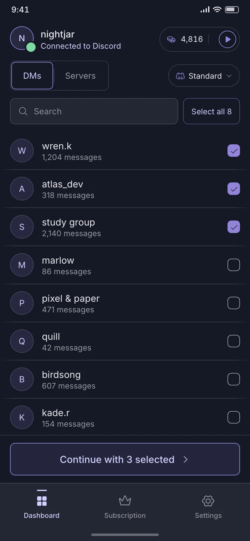 The DisDeleter home screen: your Discord DMs and servers in a list, each row picked with a tap, with the delete mode above and the selection count in the footer.