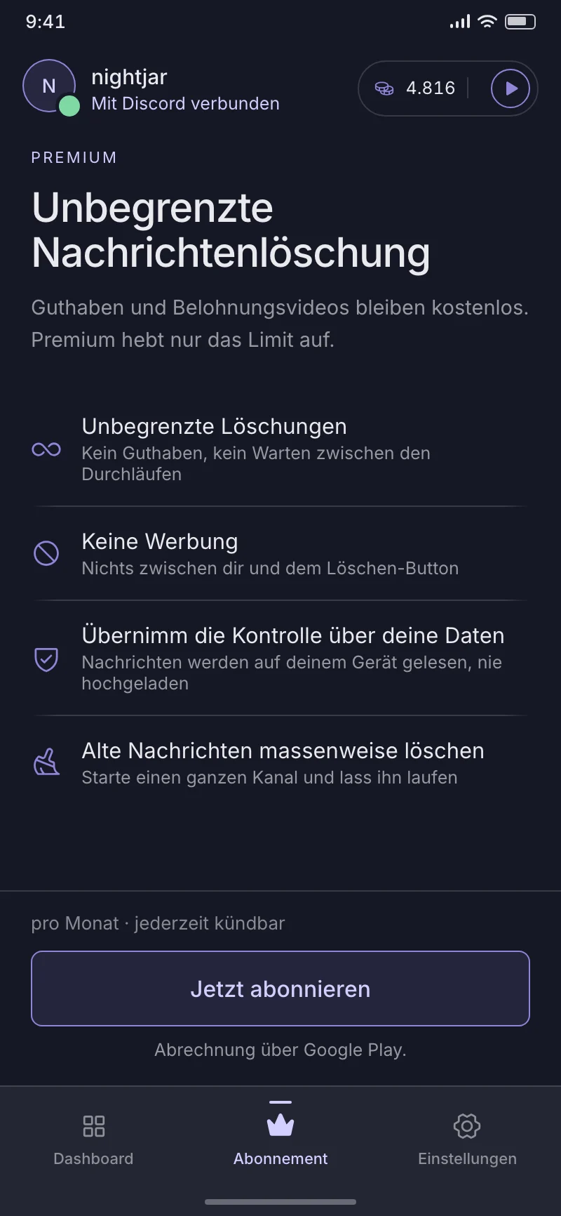 Der Premium-Bildschirm von DisDeleter: unbegrenztes Löschen, keine Werbung und Abrechnung über Google Play.