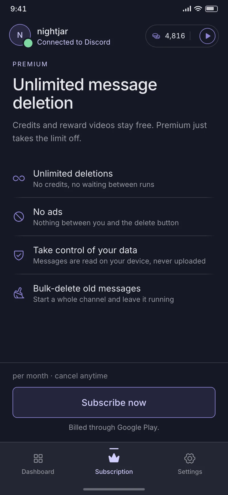 The DisDeleter premium screen: unlimited deletions, no ads, and billing through Google Play.