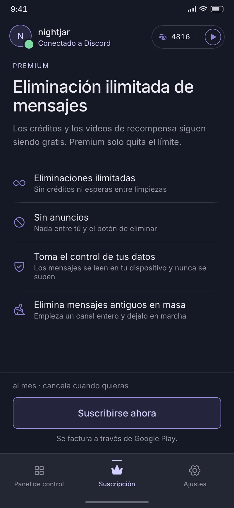 La pantalla Premium de DisDeleter: borrados ilimitados, sin anuncios y facturación a través de Google Play.