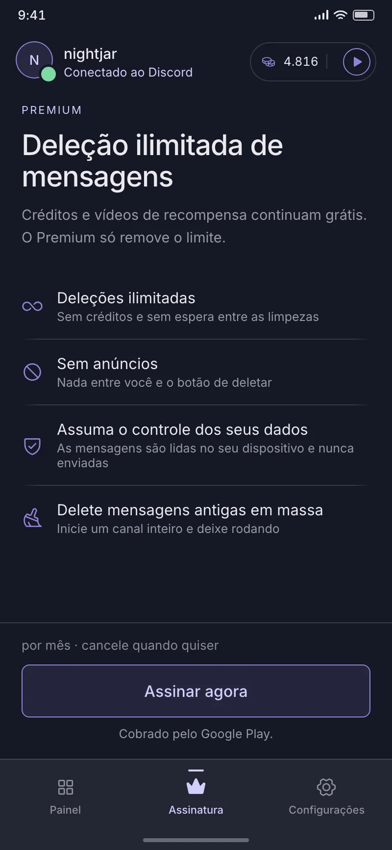 O ecrã Premium do DisDeleter: eliminações ilimitadas, sem anúncios e faturação através do Google Play.